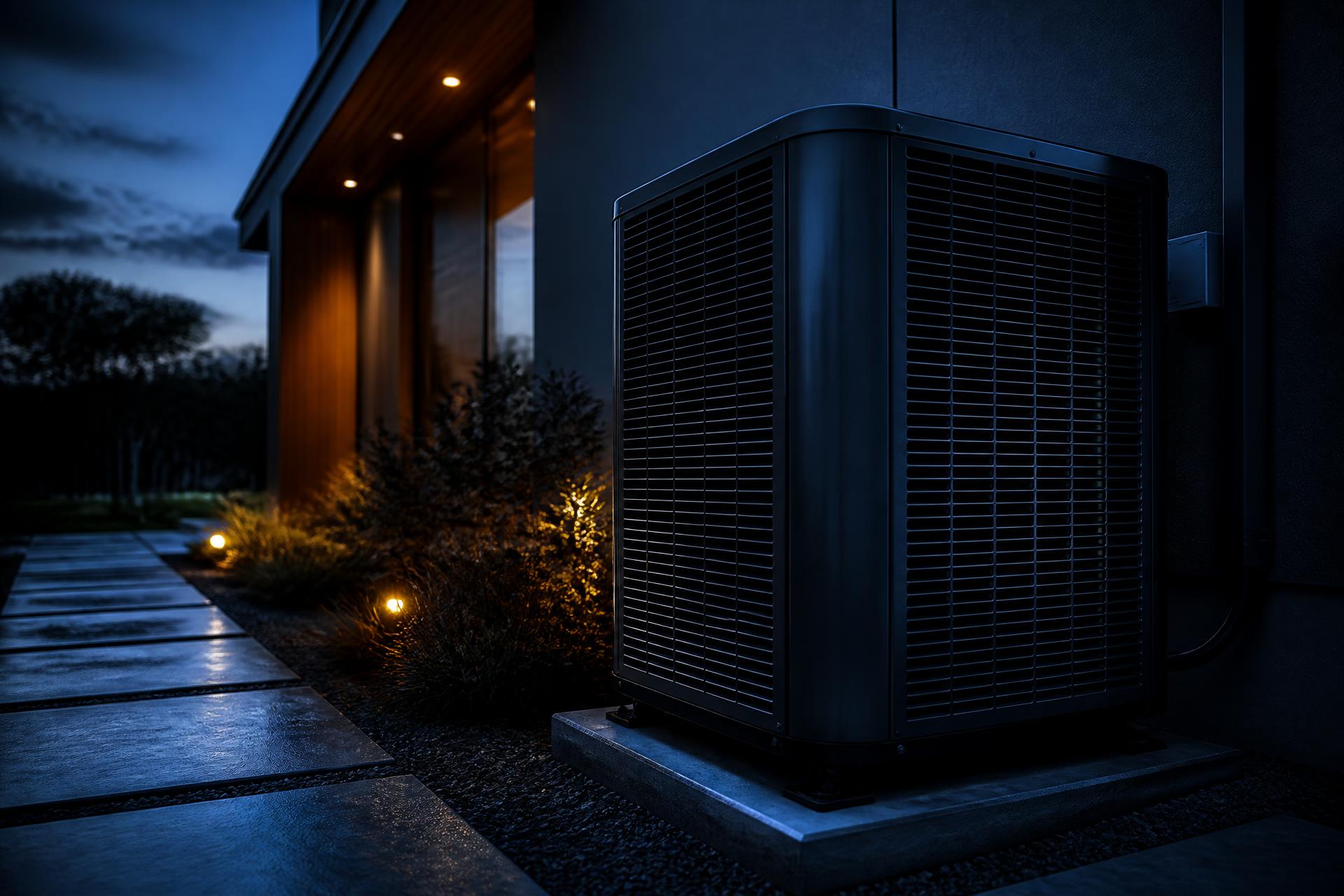 Modern high-efficiency air conditioning condenser installed beside a home at dusk