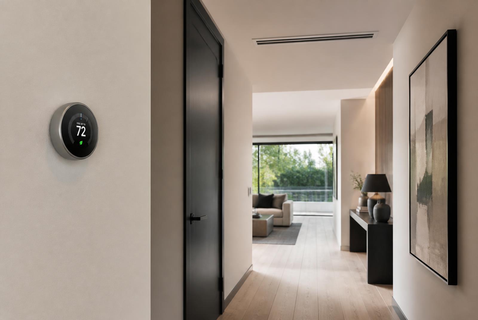 Smart thermostat mounted in a modern home hallway